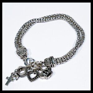 SILVER TONE DOUBLE SNAKE CHAIN HEART, CROWN, CROSS & RING CHARM BRACELET